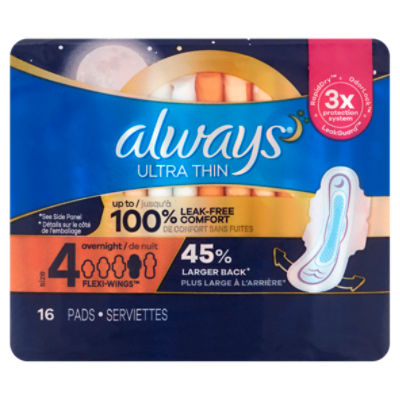 Always Ultra Thin Overnight Flexi-Wings Pads, Size 4, 16 Count