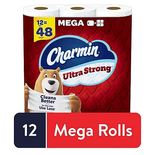 Charmin Ultra Strong Bathroom Tissue, 12 count
Get sparkly clean with Charmin Ultra Strong. It's 4X stronger when wet* and has a diamond weave texture. It's woven like a washcloth and holds up when you wipe. It even cleans better so you can use less* and go longer without changing the roll**. We also made it MEGA in size, so you get mega value. That's right, our Charmin Ultra Strong Mega Roll is way bigger, equals 4 regular rolls, and it's more bang for your behind so you'll be running back to the store less and less (based on number of sheets in Charmin Regular Roll bath tissue). Our Charmin Ultra Strong toilet paper is also 2-ply and designed to be clog-safe and septic-safe so you can flush confidentially and keep clean. We all go, why not Enjoy The Go with America's favorite toilet paper***.*vs. leading USA 1-ply bargain brand** vs. Charmin Regular Roll***Charmin Brand based on sales. Source: Nielsen 2021 dollar sales.