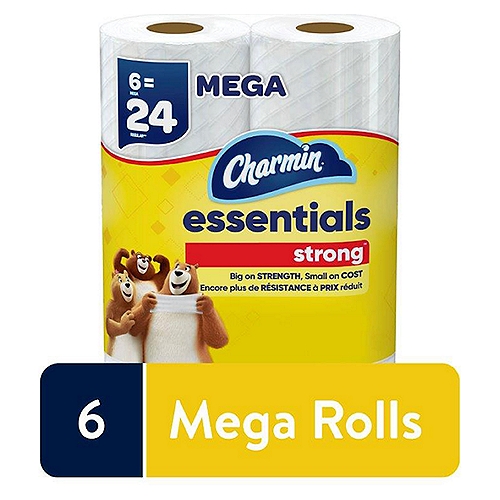Charmin Essentials Strong Bathroom Tissue Mega Rolls, 6 count
Looking for TP that's big on strength, small on cost? Charmin Essentials Strong Mega Roll has you covered. It's 3x stronger when wet* so it holds up while you clean. And we made sure it strikes the perfect balance of strength and value making it good for your butt and your budget. It's MEGA so it's long lasting for you and your family. It's also Roto-Rooter approved so you can roll Strong and flush confidently knowing it's clog-safe and septic-safe.*vs. the leading USA 1-ply bargain brand.