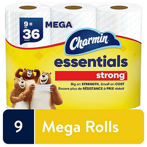 Charmin Essentials Strong Bathroom Tissue, 9 count
Looking for TP that's big on strength, small on cost? Charmin Essentials Strong Mega Roll has you covered. It's 3x stronger when wet* so it holds up while you clean. And we made sure it strikes the perfect balance of strength and value making it good for your butt and your budget. It's MEGA so it's long lasting for you and your family. It's also Roto-Rooter approved so you can roll Strong and flush confidently knowing it's clog-safe and septic-safe.*vs. the leading USA 1-ply bargain brand.