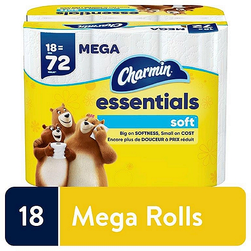 Charmin Essentials Soft Bathroom Tissue Mega Rolls, 18 count
After TP that's big on softness, small on cost? That's why we made Charmin Essentials Soft. With 2-ply comfort for your booty, it's thicker and more absorbent than the leading USA 1-ply bargain brand. And we made sure it strikes the perfect balance of softness and value making it good for your butt and your budget. It's MEGA so it's long lasting for you and your family. It's also Roto-Rooter approved so you can roll Soft and flush confidently knowing it's clog-safe and septic-safe.