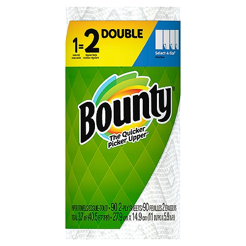 Spilled your drink? Quick! The Quicker Picker Upper. Be ready to tackle messes and spills with Bounty Paper Towels! Each sheet is 2x more absorbent, so you can use less and pick up spills and messes quicker than the leading ordinary brand. That's why Bounty is the Quicker Picker Upper! Bounty Paper Towels are available in two sheet sizes, Full Sheet and Select-A-Size, so you can choose which option works best for you. Bounty Select-A-Size towels are versatile, so you can choose your sheet size depending on your mess. And if you're buying the bigger packs, you'll always have Bounty on hand. Bounty has a variety of pack and roll sizes to fit your needs. Bounty products are proudly made with American jobs and we're fully committed to creating solutions for a sustainable future. Across all our products, we consider the impact on people, forests, and the world. That's why for every tree we use, at least two are regrown so you can conveniently and confidently clean messes in the kitchen and around the house knowing Bounty Paper Towels is helping to keep forests greener. Bounty always has your back in and out of the kitchen so whether it's juice on the counter or ice cream on the table, we make sure spills won't stand a chance.*vs. leading ordinary brand