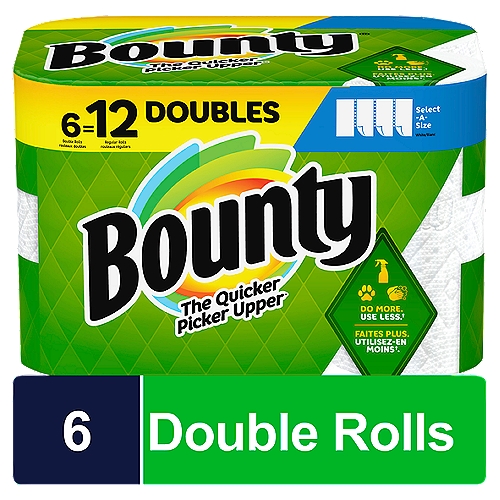 6 double rolls =12 regular rollsnnThe Quicker Picker Upper*n*vs. leading ordinary brandnnDo More. Use Less.†n†vs. the US leading ordinary brand customized sheet.