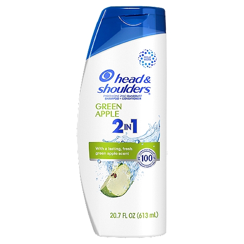 Head & Shoulders Green Apple 2in1 Dandruff Shampoo + Conditioner, 20.7 fl oznSay hello to your favorite everyday shower essential: Head and Shoulders Green Apple 2-in-1 formula, brought to you by the #1 dermatologist-recommended brand. Ignite your senses and feel it working with every wash. Head and Shoulders' unique formula works 7 surface layers deep in your scalp to help stop dandruff at its source and maintain healthy hair. Combining powerful protection against flakes, itch,+ oil^ and dryness with a pH-balanced formula that's gentle enough for everyday use, Green Apple Anti-Dandruff Shampoo and Conditioner 2-in-1 ensures that your scalp feels clean and healthy and your locks shine. Featuring a fresh green apple scent, Green Apple 2-in-1 cleans and conditions hair at once for an improved shower experience. Our unique formula, with zinc pyrithione, delivers 7 healthy scalp and hair benefits: Fights drynessCalms itching+Relieves irritation+Reduces redness+Controls oiliness^Removes flakes+^Beautiful hair* visible flakes; with regular use** based on volume of sales+ associated with dandruff^ washes away oil and flakes