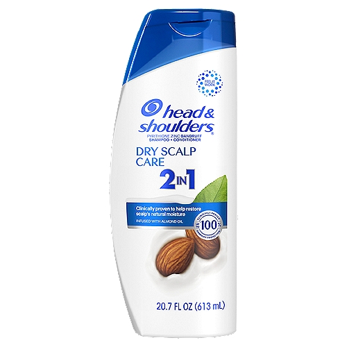 Head & Shoulders Dry Scalp Care 2in1 Dandruff Shampoo + Conditioner, 20.7 fl oznIgnite your senses and feel it working with every wash. Head and Shoulders' unique formula works 7 surface layers deep in your scalp to help stop dandruff at its source and maintain healthy hair. Brought to you by the #1 dermatologist-recommended brand, Head and Shoulders Dry Scalp Care Shampoo provides fast relief from irritating symptoms including dryness, itch,+ flakes and oil^ to ensure that your scalp feels healthy, and your locks are up to 100% flake-free.* Infused with fragrant notes of almond oil, Dry Scalp Care Shampoo restores your scalp's natural moisture with an anti-dandruff formula designed especially for dry scalp treatment to give you a soothing, clean feel and healthy, vibrant look you'll love.Our unique formula, with zinc pyrithione, delivers 7 healthy scalp and hair benefits:Fights drynessCalms itching+Relieves irritation+Reduces redness+Controls oiliness^Removes flakes^Beautiful hair* visible flakes; with regular use** based on volume of sales+ associated with dandruff^ washes away oil and flakes
