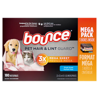 Bounce Pet Hair & Lint Guard Fresh Scent Mega Dryer Sheets Mega Pack, 180 count, 3 pack