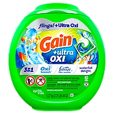 Gain flings Ultra Oxi Laundry Detergent Pacs, 60 Count, Waterfall Delight Scent, 3-in-1, HE Compatible