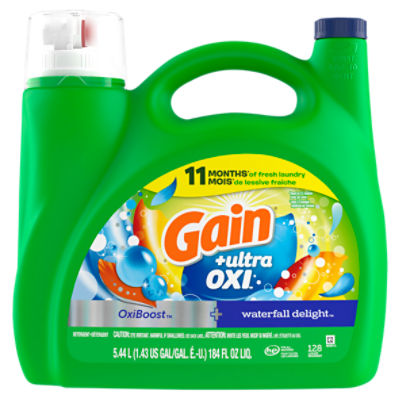 Gain Ultra Oxi Liquid Laundry Detergent, 128 loads, 184 fl oz, Waterfall Delight Scent, 2-in-1, HE Compatible