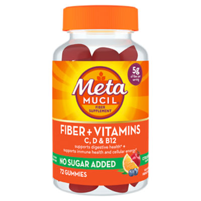 Metamucil Fiber Supplement Gummies Plus Vitamins C, D, & B12, No Sugar Added, 5g Prebiotic Plant-Based Fiber Blend for Digestive Health, Citrus Berry Flavored, 72 Gummies