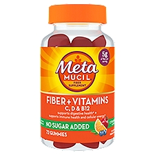 Metamucil Fiber Supplement Gummies Plus Vitamins C, D, & B12, No Sugar Added, 5g Prebiotic Plant-Based Fiber Blend for Digestive Health, Citrus Berry Flavored, 72 Gummies