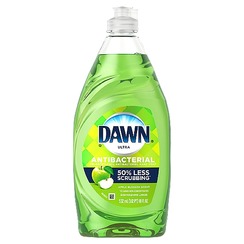 Dawn Ultra Antibacterial Apple Blossom Scent Dishwashing Liquid, 18 fl oz
50% Less Scrubbing*
*Vs Dawn Non-Concentrated

Drug Facts
Active ingredient - Purpose
Chloroxylenol 0.30% - Antibacterial hand soap

Use
For handwashing to decrease bacteria on the skin
