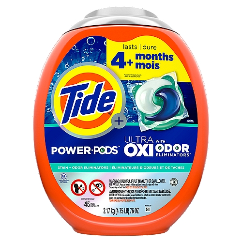 Tide Ultra OXI Power PODS with Odor Eliminators Laundry Detergent Pacs, 45 Count, For Visible and Invisible Dirt
