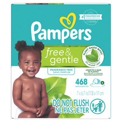 Pampers Free & Gentle 100% Plant-Based Fragrance Free Baby Wipes, 6 pack, 468 Count