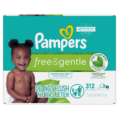 Pampers Free & Gentle 100% Plant-Based Fragrance Free Baby Wipes, 4 pack, 312 Count