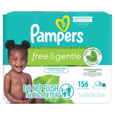 Pampers Free & Gentle 100% Plant-Based Fragrance Free Baby Wipes, 2 pack, 156 Count