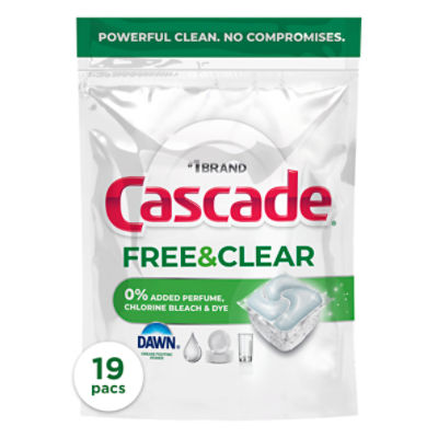 Cascade Free & Clear Dishwasher Pods, Dishwasher Detergent, Dish Detergent Soap, Unscented, 19ct