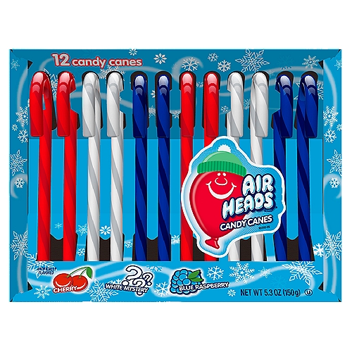 Airheads Cherry, White Mystery and Blue Raspberry Candy Canes, 12 count, 5.3 oz