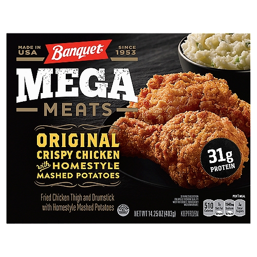 Banquet Mega Meats Original Crispy Chicken Thigh with Homestyle Mashed Potatoes, 14.25 oz
Fried Chicken Thigh and Drumstick with Homestyle Mashed Potatoes

Real Quality Ingredients