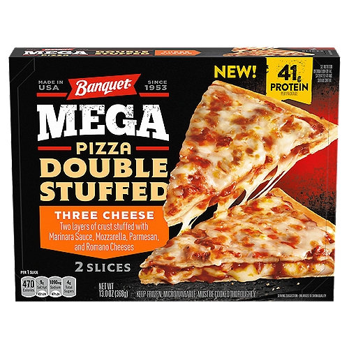 Some days you need microwave pizza that is just more, like Banquet Mega Pizza Double Stuffed Three Cheese Frozen Pizza Slices. Each slice features two layers of crust stuffed with marinara sauce, mozzarella, Parmesan and Romano cheeses, then is topped with more sauce and cheese for a delicious pizza that is sure to satisfy even the heartiest of appetites. These handy frozen meals are perfect for lunches, weeknight dinners or warm weekend comfort food. They also contain 43 grams of protein per package: Now that's MEGA!