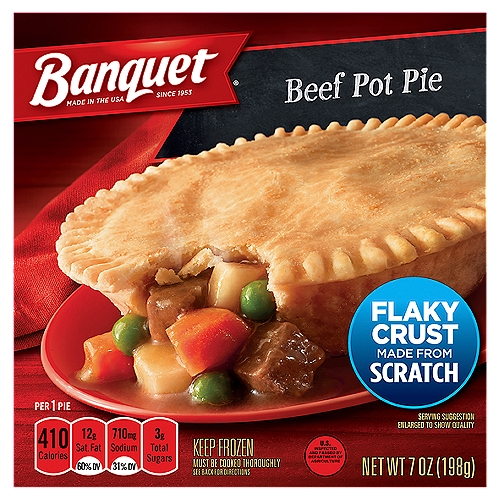 A quality quick meal is minutes away with Banquet Pot Pies. Delight in a hot, quick, and easy comfort meal anytime with this savory Beef Pot Pie. Serve up a piping hot delight filled with chunks of beef, potatoes, and vegetables simmered in a creamy gravy. Savor the flaky, made-from-scratch crust filled with your favorite comfort food flavor. Enjoy homemade flavor from the microwave or oven on a lunch break or for a quick dinner with this traditional-style entree. This box contains one 7-ounce (198g) serving, with 380 calories; contains milk and wheat. Banquet serves up honest, wholesome microwave meals, bringing more value to your table with large portions and quality ingredients.