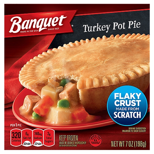 Banquet Turkey Pot Pie, 7 oz
A quality quick meal is minutes away with Banquet Pot Pies. Delight in a hot, quick, and easy comfort meal anytime with this savory Turkey Pot Pie. Serve up a piping hot delight filled with tender chunks of turkey and vegetables simmered in a creamy gravy. Savor the flaky, made-from-scratch crust filled with your favorite comfort food flavor. Enjoy homemade flavor from the microwave or oven on a lunch break or for a quick dinner with this traditional-style entree. This box contains one 7-ounce (198g) serving, with 320 calories and 0g trans fat; contains milk, soy, and wheat. Banquet serves up honest, wholesome microwave meals, bringing more value to your table with large portions and quality ingredients.