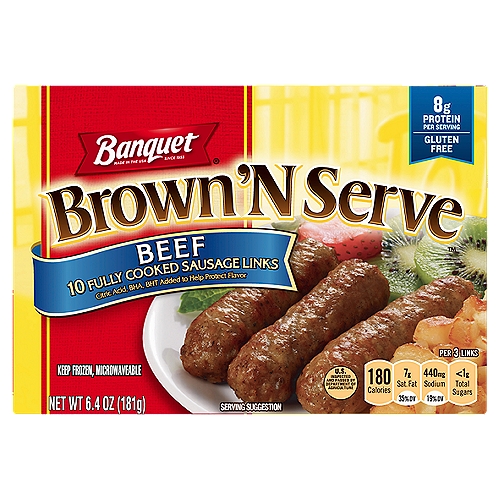 Banquet Brown 'N Serve beef links are the quick, easy and convenient way to enjoy sausage. Already precooked, Banquet Brown 'N Serve beef links deliver that fresh, out of the pan taste in just minutes.nThese links are made with beef blended with rich seasonings for a hearty, distinctive taste.nIt's the perfect addition for a wide variety of breakfast foods!