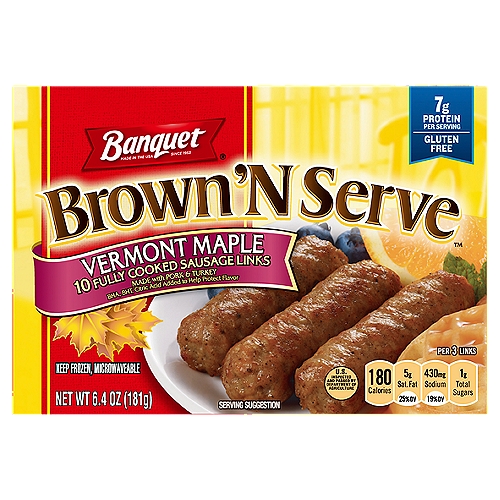 Banquet Brown 'N Serve maple links are the quick, easy and convenient way to enjoy sausage. Already precooked, Banquet Brown 'N Serve maple links deliver that fresh, out of the pan taste in just minutes. These maple links are made with real maple sugar to bring out that homestyle flavor.nIt's the perfect addition for a wide variety of breakfast foods!