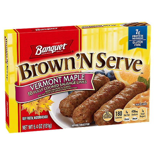 Banquet Brown 'N Serve Vermont Fully Cooked Sausage Links, 10 count, 6.4 oz
Banquet Brown 'N Serve maple links are the quick, easy and convenient way to enjoy sausage. Already precooked, Banquet Brown 'N Serve maple links deliver that fresh, out of the pan taste in just minutes. These maple links are made with real maple sugar to bring out that homestyle flavor.
It's the perfect addition for a wide variety of breakfast foods!
