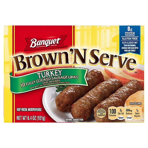 Banquet Brown 'N Serve Turkey Fully Cooked Sausage Links, 10 count, 6.4 oz
Banquet Brown 'N Serve turkey links are the quick, easy and convenient way to enjoy sausage. Already precooked, Banquet Brown 'N Serve turkey links deliver that fresh, out of the pan taste in minutes. These turkey links are made with turkey and a special blend of seasonings that the whole family will enjoy.
It's the perfect addition for a wide variety of breakfast foods!
