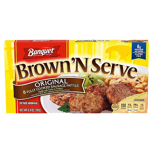Banquet Brown ‘N Serve Original Fully Cooked Sausage Patties Frozen Meat offers an easy way to treat yourself and family to a hearty frozen breakfast side. These precooked breakfast sausage patties are made with pork, turkey, and a special blend of spices and seasonings. Banquet Brown ‘N Serve Original Sausage is gluten free and has 6 grams of protein per serving. Enjoy ground pork and turkey sausage patties as part of a hot and hearty breakfast that will please the whole family. With the commotion of getting ready for work and school, these breakfast sausages take away the headache of what to eat for breakfast on a hectic morning. Prepare the frozen sausages in a skillet in 7 to 8 minutes for that fresh out of the skillet taste, or in a microwave for 1 1/2 minutes; let stand 1 minute. Keep the 8 pack in the freezer until ready to prepare. For over 60 years, Banquet has been making delicious food the whole family loves.