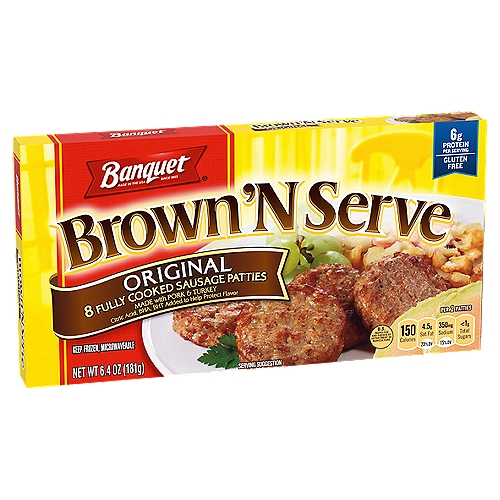 Banquet Brown 'N Serve Original Fully Cooked Sausage Patties, 8 count, 6.4 oz
Banquet Brown 'N Serve original patties are the quick, easy and convenient way to enjoy sausage. Already precooked, Banquet Brown 'N Serve original patties deliver that fresh, out of the pan taste in just minutes. These original patties are made with a special blend of seasonings and spices that pleases the entire family.
It's the perfect addition for a wide variety of breakfast foods!