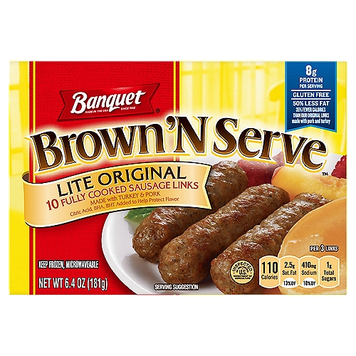 Banquet Brown ‘N Serve Lite Original Fully Cooked Sausage Links, 10 count, 6.4 oz
Banquet Brown 'N Serve lite original links are the quick, easy and convenient way to enjoy sausage. Already precooked. Banquet Brown 'N Serve lite original links deliver that fresh, out of the pan taste in just minutes. These lite original links are made with a special blend of seasonings and spices that pleases the entire family.
It's the perfect addition for a wide variety of breakfast foods!

Fat and Caloric Content Has Been Reduced from 16g Fat and 180 Calories to 8g Fat and 110 Calories per Serving.