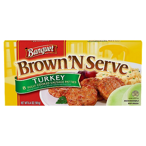 Banquet Brown 'N Serve Turkey Fully Cooked Sausage Patties, 8 count, 6.4 oz
Banquet Brown 'N Serve turkey patties are the quick, easy and convenient way to enjoy sausage. Already precooked, Banquet Brown 'N Serve turkey patties deliver that fresh, out of the pan taste in just minutes. These turkey patties are made with turkey and a special blend of seasonings that the whole family will enjoy.
It's the perfect addition for a wide variety of breakfast foods!