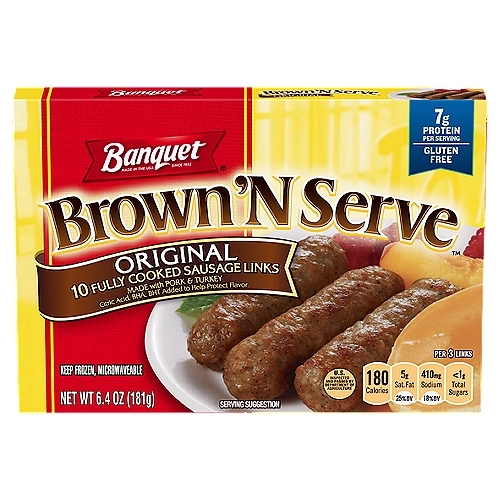 Banquet Brown ‘N Serve Original Fully Cooked Sausage Links Frozen Meat is made with pork, turkey, and a special blend of spices and seasonings. Banquet Brown ‘N Serve Vermont Maple Sausage Links are gluten free and have 7 grams of protein per serving. Prepare the frozen sausages in a skillet or in a microwave. Keep sausage frozen.