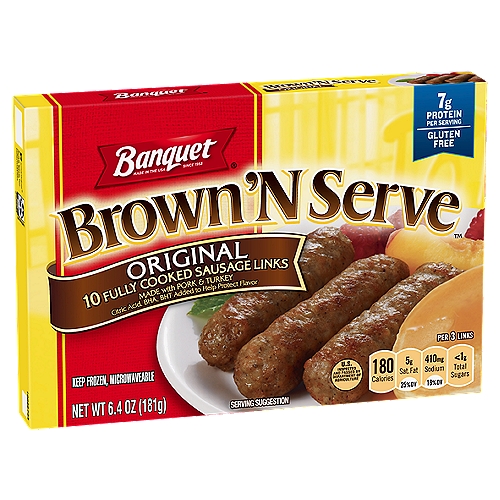 Banquet Brown 'N Serve Original Fully Cooked Sausage Links, 10 count, 6.4 oz
Banquet Brown 'N Serve original links are the quick, easy and convenient way to enjoy sausage. Already precooked, Banquet Brown 'N Serve original links deliver that fresh, out of the pan taste in just minutes. These original links are made with a special blend of seasonings and spices that pleases the entire family.
It's the perfect addition for a wide variety of breakfast foods!