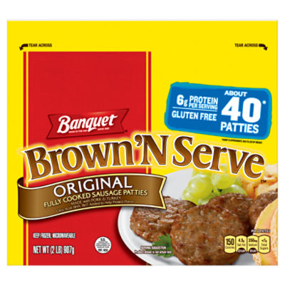 Banquet Brown 'N Serve Original Fully Cooked Sausage Patties, 32 oz
About 40* patties
*Count is approximate. Bag filled by weight.