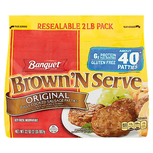 Banquet Brown 'N Serve Original Fully Cooked Sausage Patties, 32 oz
About 40* patties
*Count is approximate. Bag filled by weight.