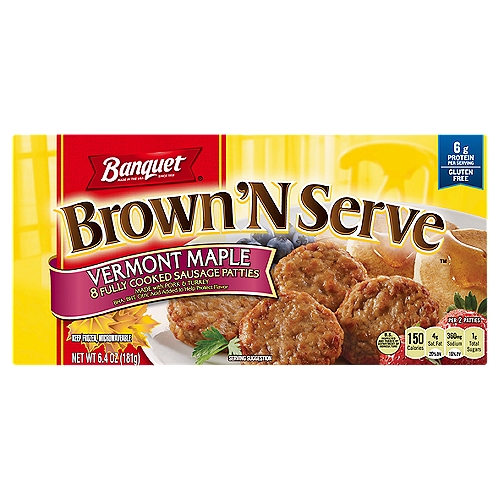 Banquet Brown'N Serve Vermont Maple Fully Cooked Sausage Patties, 6.4 oz
Banquet Brown'N Serve 
Vermont Maple
Banquet Brown'N Serve maple patties are the quick, easy and convenient way to enjoy sausage. Already precooked, Banquet Brown 'N Serve maple patties deliver that fresh, out of the pan taste in just minutes. These maple patties are made with real maple sugar to bring out that homestyle flavor. 
It's the perfect addition for a wide variety of breakfast foods!
