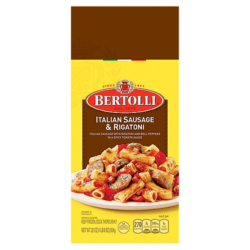 Bertolli Italian Sausage & Rigatoni, 22 oz
Italian Sausage with Rigatoni and Bell Peppers in A Spicy Tomato Sauce

Bold, red, spicy tomato sauce is beloved throughout Southern Italy. Our version clings beautifully to the ridges of rigatoni pasta. Pork Italian sausage adds richness and texture, while red bell peppers contribute their perfect brightness.