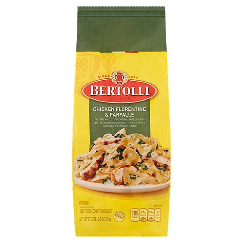 Bertolli Chicken Florentine & Farfalle, 22 oz
Farfalle with Grilled White Meat Chicken and Farm-Grown Spinach in a Rich White Wine and Parmesan Sauce

Rooted in Italian Tradition
Farfalle pasta gets our vote every time-it's whimsically pretty, and the crimped middle collects our creamy white wine and parmesan sauce. A la Florentine-in the style of Florence-here, that means tender leaves of spinach nestled amongst the pasta and garlicky grilled white meat chicken.

Made with 100% natural* chicken.
Made without artificial preservatives.†
*Minimally processed. No artificial ingredients
†See ingredient statement for ingredients used to preserve quality.