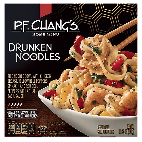 P.F. Chang's Home Menu Drunken Noodles, 10.25 oz
Rice Noodle Bowl with Chicken Breast, Yellow Bell Peppers, Spinach, and Red Bell Peppers with a Thai Basil Sauce

Made with All Natural* Chicken Raised without Antibiotics
*Minimally Processed. No Artificial Ingredients.