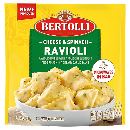 Create an authentic Italian food experience at home with Bertolli Pasta Sides Cheese & Spinach Ravioli frozen pasta. Delicious ravioli stuffed with a four-cheese blend and spinach in a creamy garlic sauce provides a mouthwatering meal or side dish that cooks in minutes, in the microwave. Stock your freezer with a variety of these frozen meals that are ideal for a quick lunch, weeknight dinner, side dish or when you're craving fresh pasta but have limited time. Pair with salad, bread and your favorite wine, or enjoy it all by itself. Bertolli: Savor the flavor of our timeless recipes, made with premium ingredients, for authentic taste 150 years in the making.