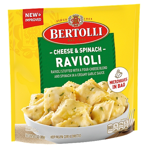 Bertolli Pasta Sides Cheese & Spinach Ravioli, Cooks in 4.5 Minutes, Frozen, 13 oz.
Create an authentic Italian food experience at home with Bertolli Pasta Sides Cheese & Spinach Ravioli frozen pasta. Delicious ravioli stuffed with a four-cheese blend and spinach in a creamy garlic sauce provides a mouthwatering meal or side dish that cooks in minutes, in the microwave. Stock your freezer with a variety of these frozen meals that are ideal for a quick lunch, weeknight dinner, side dish or when you're craving fresh pasta but have limited time. Pair with salad, bread and your favorite wine, or enjoy it all by itself. Bertolli: Savor the flavor of our timeless recipes, made with premium ingredients, for authentic taste 150 years in the making.