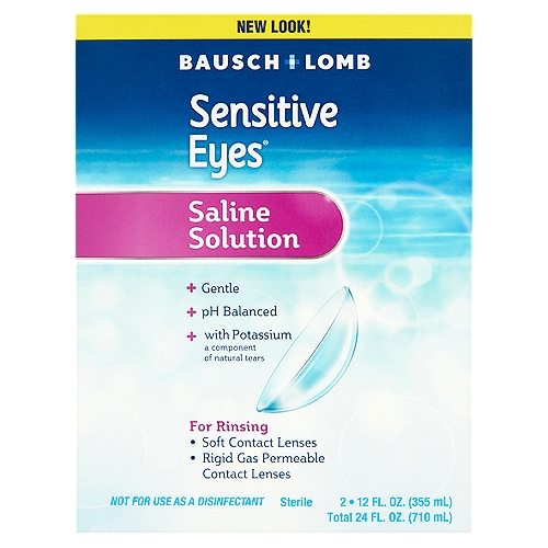 Bausch + Lomb Sensitive Eyes Saline Solution, 12 fl oz, 2 count
Sensitive Eyes® Saline Solution has a gentle, pH-balanced formula which contains potassium, an ingredient found in natural tears.