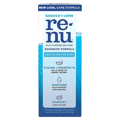 Bausch + Lomb Renu Advanced Formula Multi-Purpose Solution, 12 fl oz
Kills 99.9% of germs*
*Based on standardized testing (ISO 14729) against the five common organisms

Provides up to 20 hours of moisture†
†Based on laboratory study.

Triple Disinfectant System
Unique formula leverages 3 disinfectants to provide excellent disinfection

Excellent Cleaning
When used daily, Renu Advanced Formula multi-purpose solution cleans & helps prevent the formation of deposits on lenses

All Day Comfort
Conditions and hydrates lenses for all day comfort

Renu® Advanced Formula multi-purpose solution has a unique triple disinfectant system. When used daily, Renu Advanced Formula cleans and helps prevent the formation of deposits on lenses.