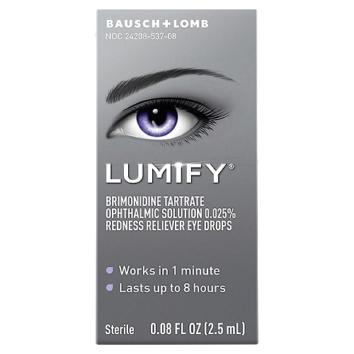 Bausch + Lomb Lumify Redness Reliever Eye Drops, 0.08 fl oz
Brimonidine Tartrate Ophthalmic Solution 0.025%

Lumify™ eye drops, from the eye care experts at Bausch + Lomb.
Just one drop works within a minute and lasts up to 8 hours to reduce redness.

Use
■ relieves redness of the eye due to minor eye irritations

Drug Facts
Active ingredient - Purpose
Brimonidine tartrate 0.025% - Redness reliever