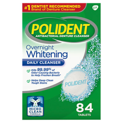 Polident Overnight Whitening Antibacterial Denture Cleanser Effervescent Tablets, 84 count