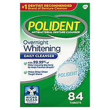 Polident Overnight Whitening Antibacterial Denture Cleanser Effervescent Tablets, 84 count, 84 Each