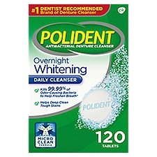 Polident Overnight Whitening Antibacterial Denture Cleanser, Effervescent Tablets, 120 Each