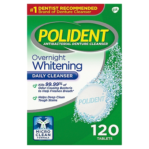 Polident Overnight Whitening Antibacterial Denture Cleanser Effervescent Tablets, 120 count
• Polident Overnight Whitening Denture Cleanser kills 99.99 percent of odor causing bacteria in just a quick overnight clean (soaking only, in laboratory testing)
• Helps reduce plaque buildup on your dentures (when used as directed)
• Denture cleaner that helps remove tough stains and whitens dentures
• Cleans denture material gently
• Polident is the number 1 dentist recommended brand of denture cleaner

Kills 99.99% of odor-causing bacteria to help freshen breath*
Why clean with Polident instead of toothpaste?
Dentures are about 10x softer than natural teeth.
Toothpaste contains abrasives that can scratch the denture surface. Bacteria, which can cause odor, can grow in those scratches.
Unlike toothpaste, Polident MicroClean Formula kills 99.99% of odor-causing bacteria in just 3 minutes.*
*soaking only, in laboratory tests

Polident Microclean Formula works in 3 ways:
• Kills odor-causing bacteria
• Cleans without scratching
• Removes stains

Denture hygiene is an important part of good moral health. Use Polident with your dentures instead of toothpaste every day.